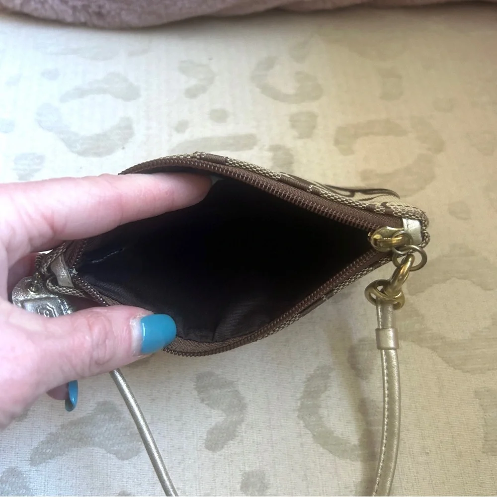 Coach Vintage Tan/Brown Signature Canvas Wristlet with Metallic Gold Trim